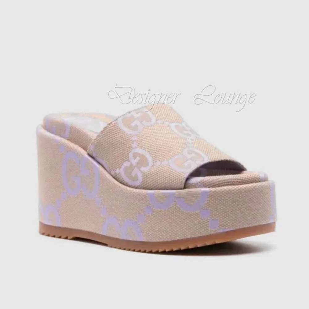 NEW GUCCI Macro GG Beige Monogram Canvas Platform Wedges Size EU 40 US 10